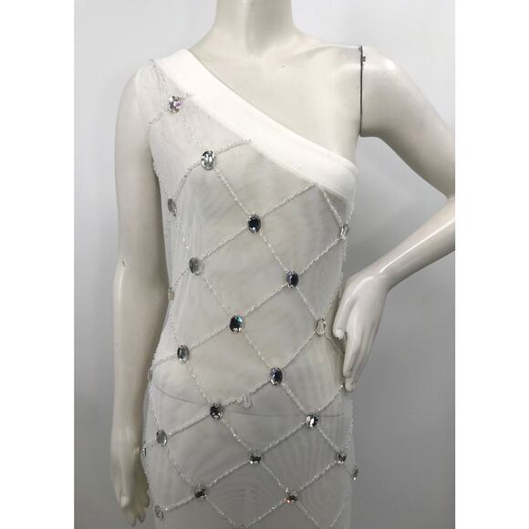 Akira White Chrissy Sheer Mesh Beaded Midi Party Dress Medium - Picture 4 of 15
